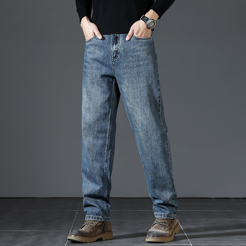 Ανδρικά τζιν από denim υψηλής ποιότητας, ίσια γραμμή, χαλαρή εφαρμογή και στυλ ευρύ ποδιού, φθινοπωρινό-χειμερινό casual μακριά παντελόνια με κεκλιμένες πλαϊνές τσέπες