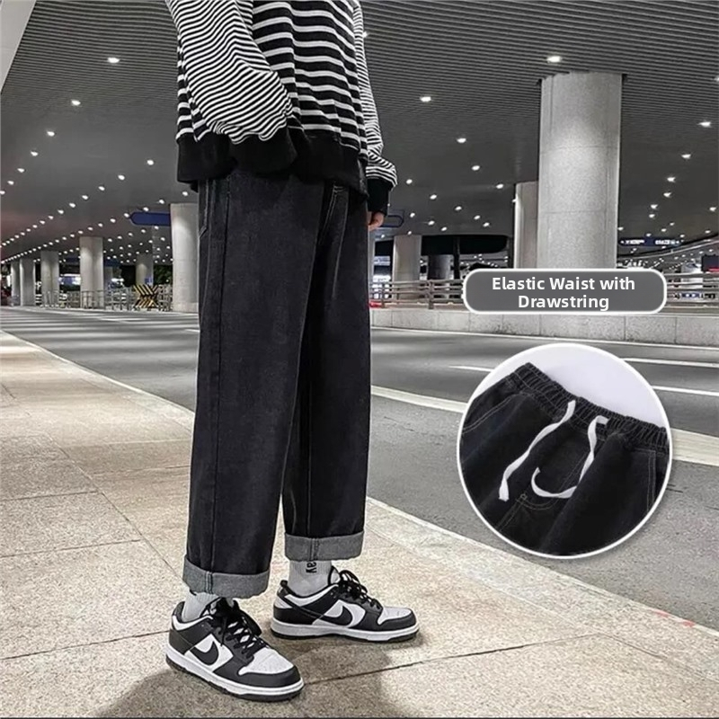 Pánske džínsy s širokým strihom, voľné, korejský štýl, vysoký pás, rovný strih, dĺžka 9/10, trendy