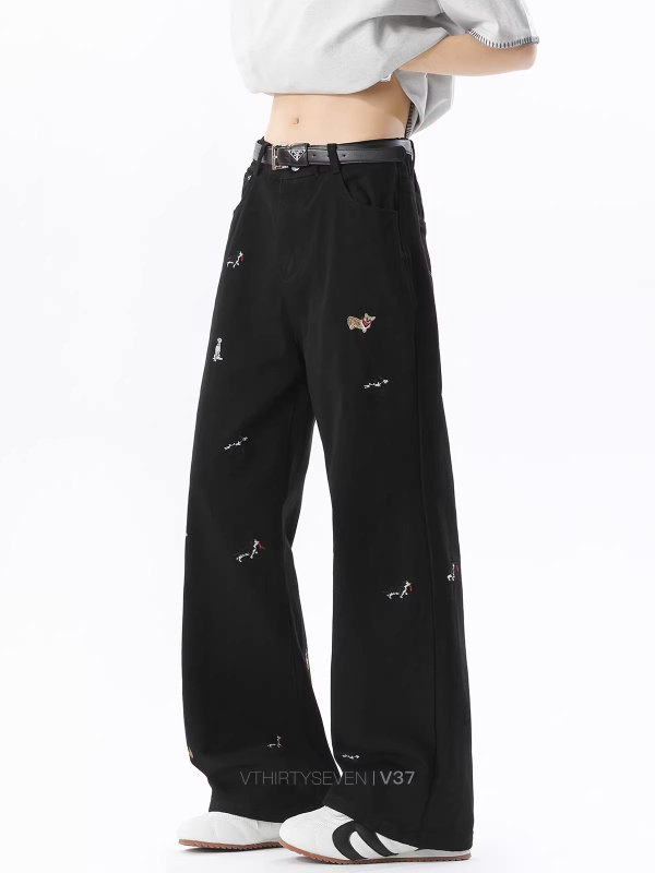 Τζινς σε αμερικανικό στυλ με κέντημα για άνδρες, vintage καμπύλη κοπή, πλυμένα, ίσια φαρδιά παντελόνια