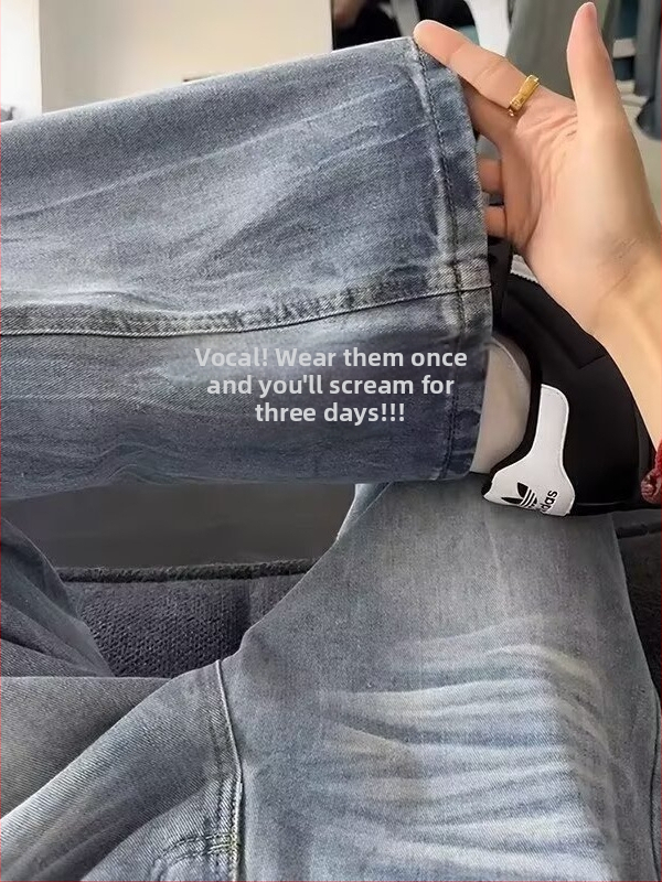 Pánske džínsy v americkom štýle, washed denim s motívom blesku, štíhly strih, jemne rozšírený spodný okraj, rovný strih