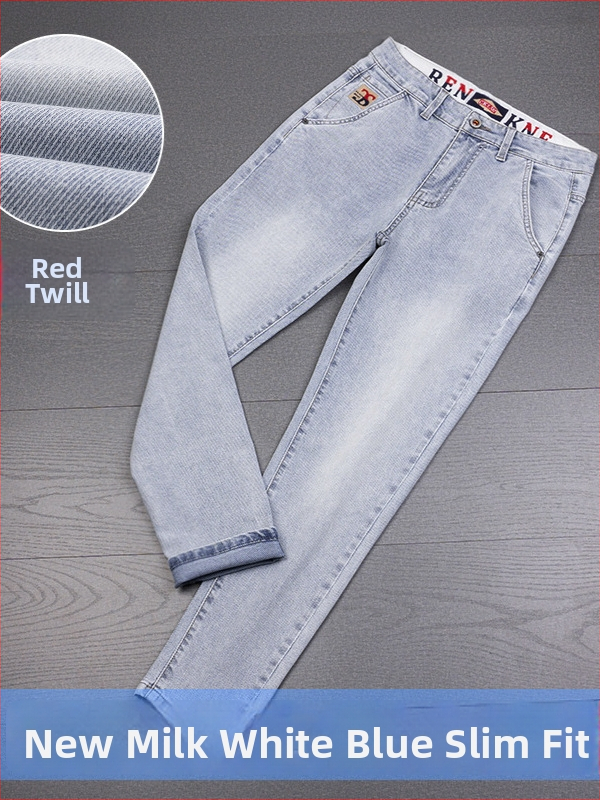 Pánske džínsy s výšivkou, rovný strih, bavlnený denim s elastanom, bežné nosenie