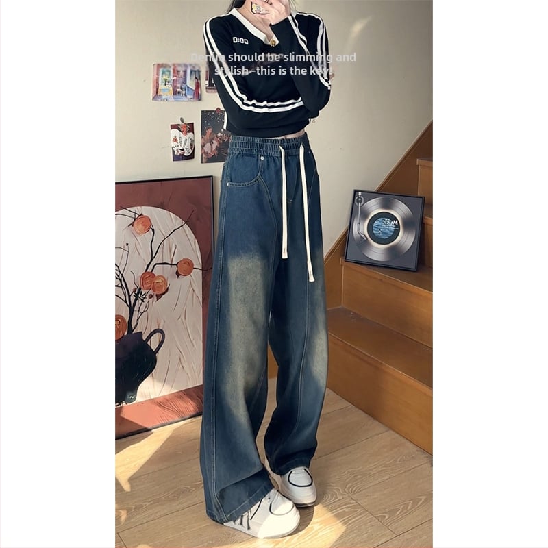 Jarné 2026 denimové nohavice, retro High Street štýl, voľný rovný strih, unisex casual nohavice