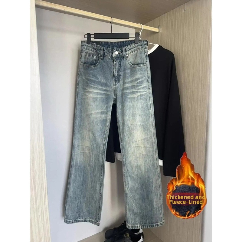Pánske džínsy denim s praným vintage vzhľadom, rovný strih s mikro flare, podšitý fleece