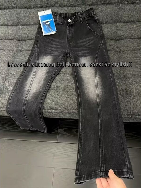 Pánske džínsy s americkým retro štýlom, zahnutý lem a jemne rozšírený strih, washovaný denim na jar a jeseň