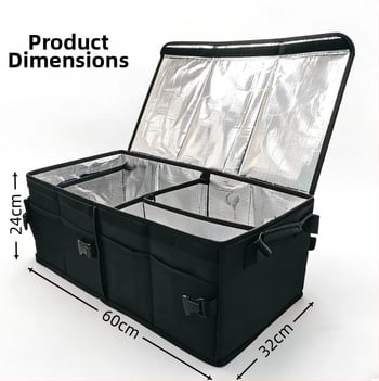 Skladací veľký úložný box do batožinového priestoru auta s izoláciou na potraviny, objem 50 l, rozmery 60×32×24 cm, materiál Oxford tkanina.