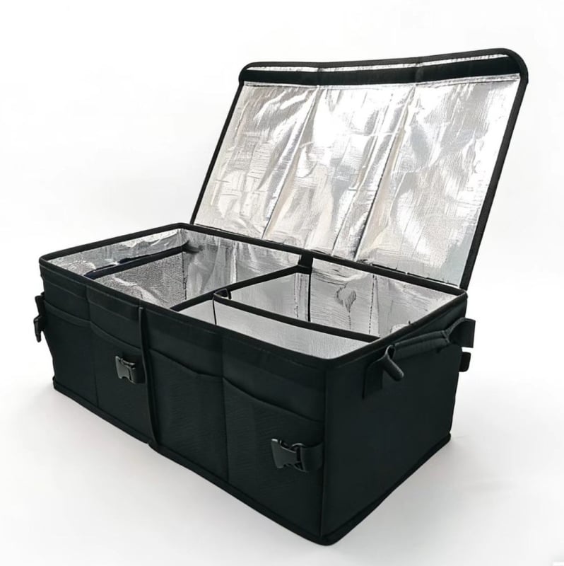 Skladací veľký úložný box do batožinového priestoru auta s izoláciou na potraviny, objem 50 l, rozmery 60×32×24 cm, materiál Oxford tkanina.
