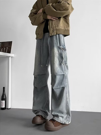 Ανδρικά τζίνς με φαρδιά γραμμή, αμερικανικού στυλ, ρετρό high-street, χαλαρή εφαρμογή με πιέτες, ευθεία κοπή