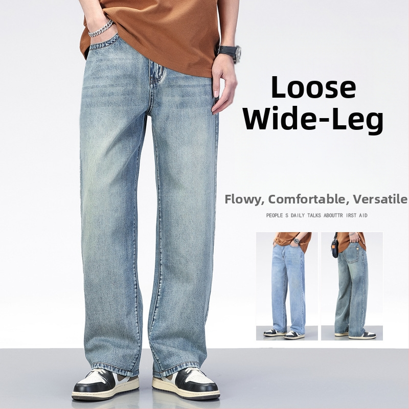 Pánske džínsy v americkom retro štýle, modré, voľný rovný strih, jarno-letné, casual nohavice z denimu