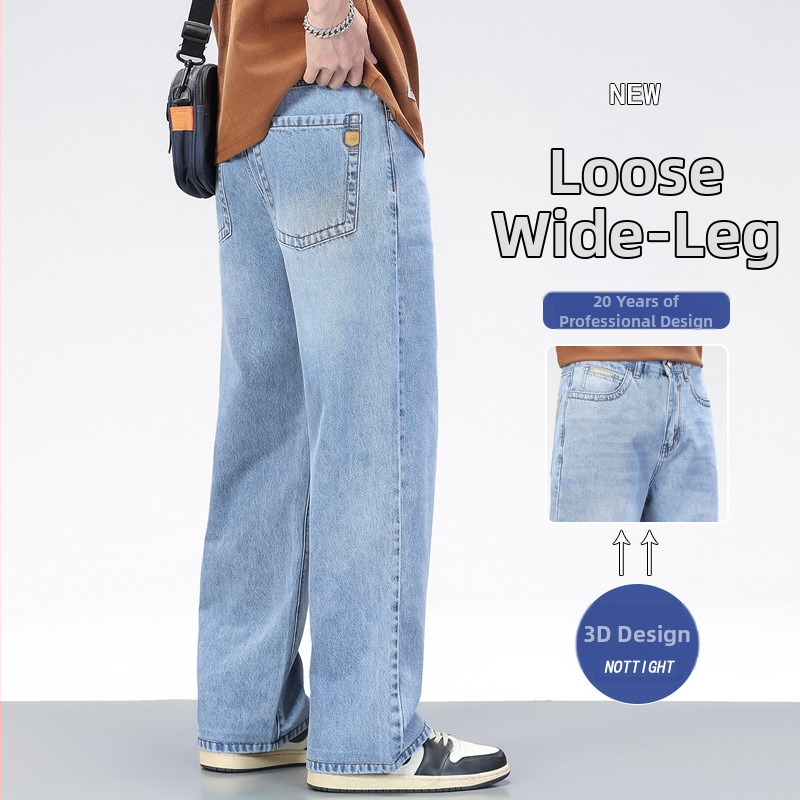 Pánske džínsy v americkom retro štýle, modré, voľný rovný strih, jarno-letné, casual nohavice z denimu