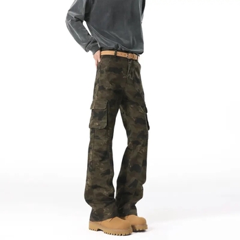 Αντρικά τζιν καμουφλαρισμένα Bootcut, με πολλές τσέπες, ίσια γραμμή με ελαφρύ φλάρε, βαμβακερό ντέμι, για όλες τις εποχές