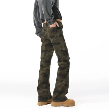 Αντρικά τζιν καμουφλαρισμένα Bootcut, με πολλές τσέπες, ίσια γραμμή με ελαφρύ φλάρε, βαμβακερό ντέμι, για όλες τις εποχές