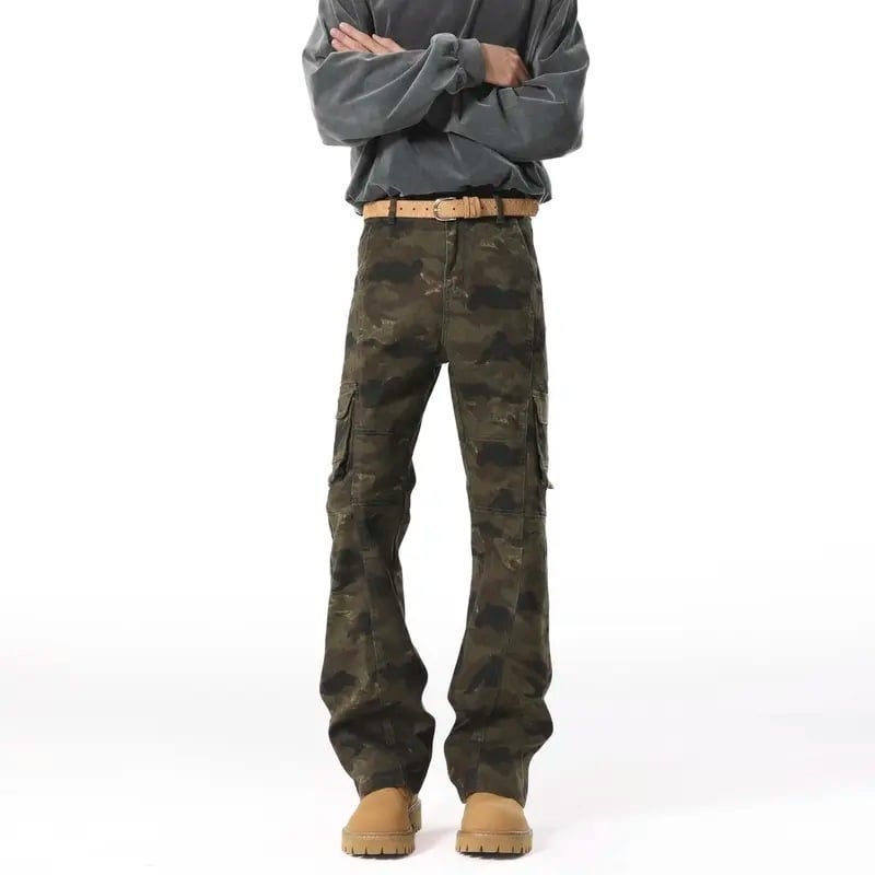 Αντρικά τζιν καμουφλαρισμένα Bootcut, με πολλές τσέπες, ίσια γραμμή με ελαφρύ φλάρε, βαμβακερό ντέμι, για όλες τις εποχές
