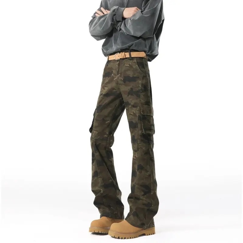 Αντρικά τζιν καμουφλαρισμένα Bootcut, με πολλές τσέπες, ίσια γραμμή με ελαφρύ φλάρε, βαμβακερό ντέμι, για όλες τις εποχές