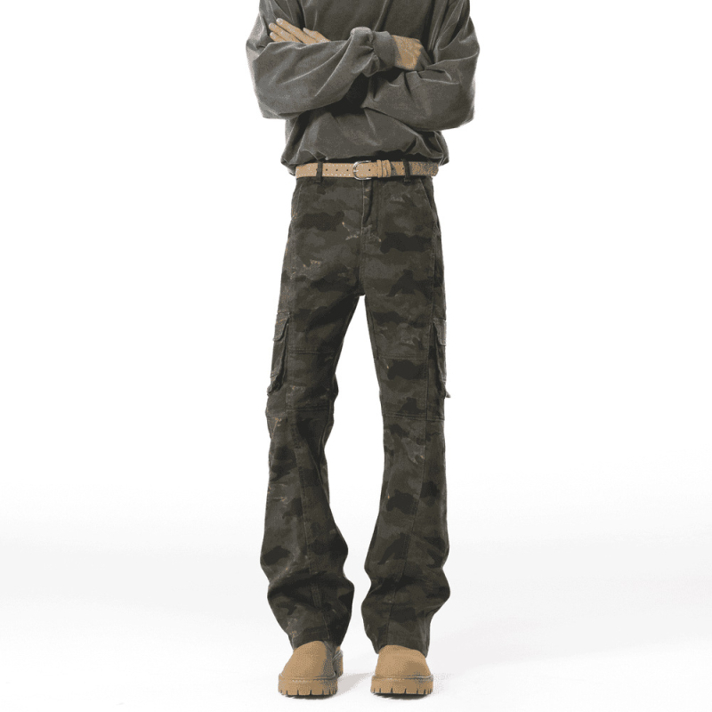 Αντρικά τζιν καμουφλαρισμένα Bootcut, με πολλές τσέπες, ίσια γραμμή με ελαφρύ φλάρε, βαμβακερό ντέμι, για όλες τις εποχές