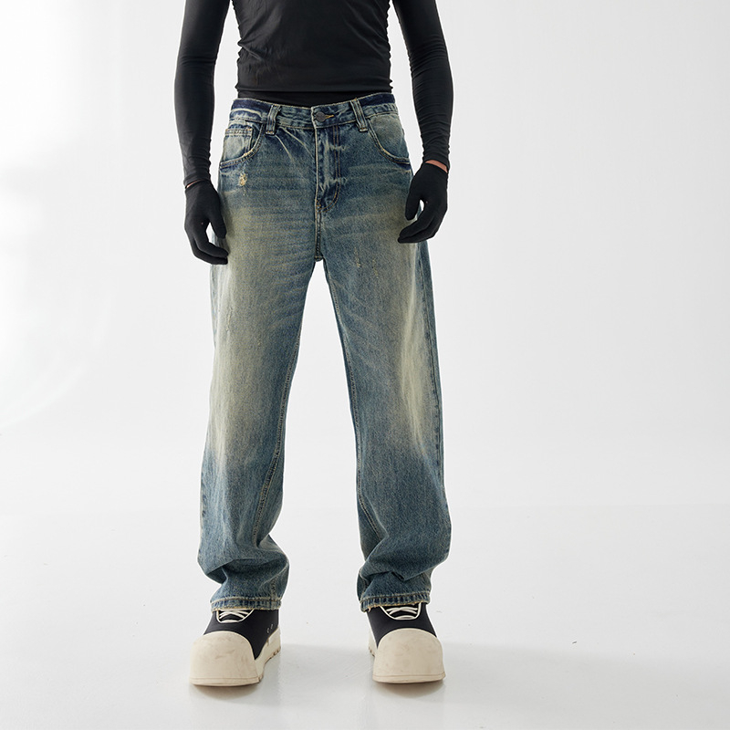 Αμερικανικό street-style ρετρό clean-fit τζιν για άνδρες, ίσια γραμμή, χαλαρή και φαρδιά παντελόνια denim, φθινοπωρο 2025