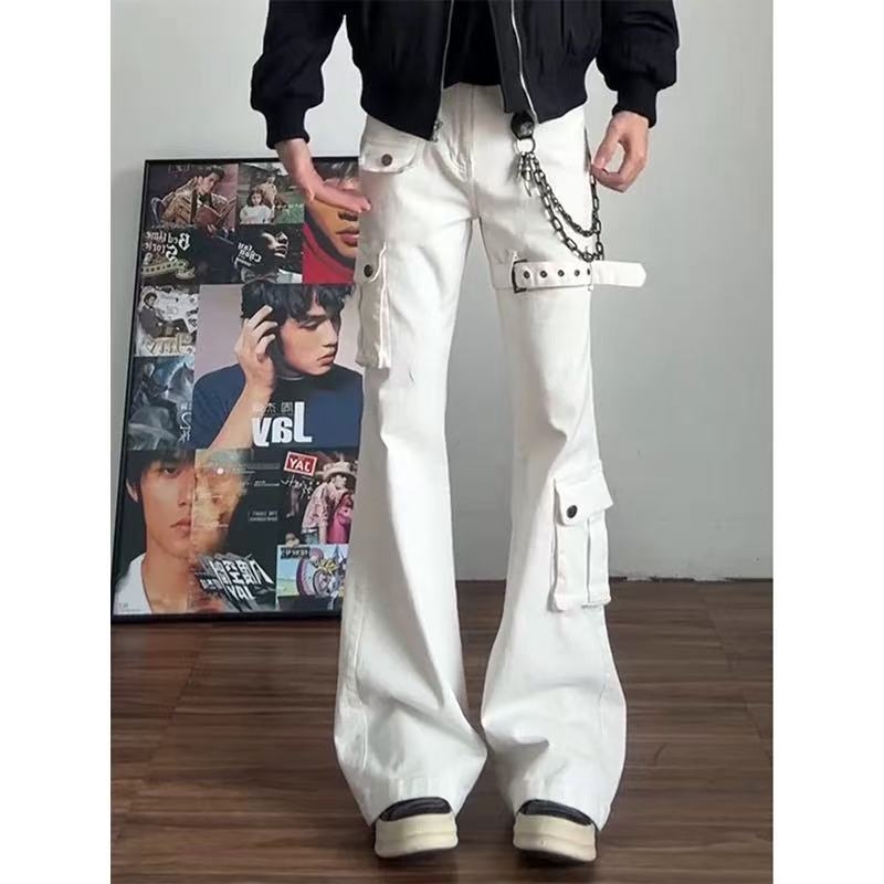 Άσπρα τζίν White Vibe με κορδόνια για άνδρες, αμερικανικό high street στυλ, ίσια γραμμή με διακριτικό φλάιρ
