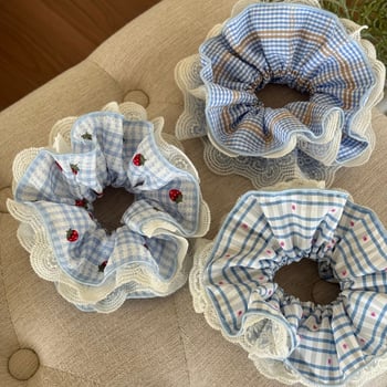 Kórejský štýl, nadmerná čipková gumička na vlasy s motívom jahôd, viacvrstvový čipkovaný doplnok do vlasov, elegantný