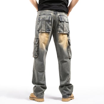 Bald Ding Τζιν από denim για άνδρες, αμερικάνικού στυλ με πολλές τσέπες, φαρδιά γραμμή, βαριά ποιότητα, μεγάλα μεγέθη