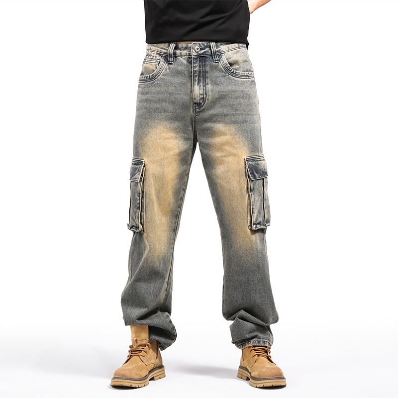 Bald Ding Τζιν από denim για άνδρες, αμερικάνικού στυλ με πολλές τσέπες, φαρδιά γραμμή, βαριά ποιότητα, μεγάλα μεγέθη