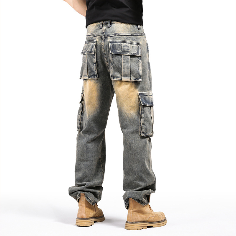 Bald Ding Τζιν από denim για άνδρες, αμερικάνικού στυλ με πολλές τσέπες, φαρδιά γραμμή, βαριά ποιότητα, μεγάλα μεγέθη