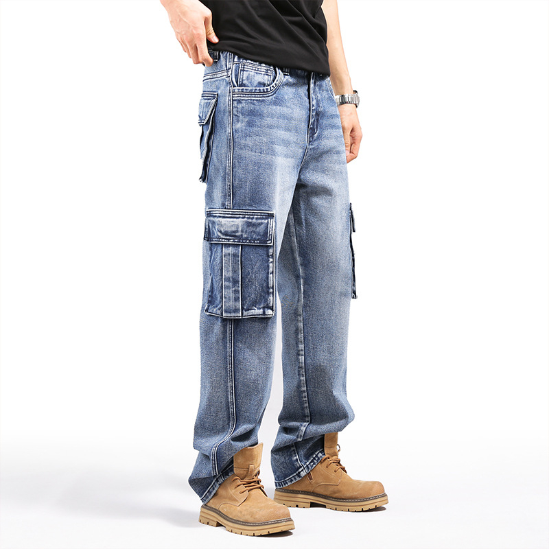 Bald Ding Τζιν από denim για άνδρες, αμερικάνικού στυλ με πολλές τσέπες, φαρδιά γραμμή, βαριά ποιότητα, μεγάλα μεγέθη