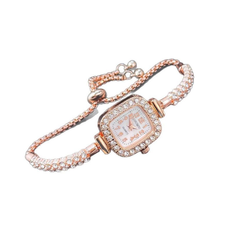 Γυναικείο τετράγωνο ρολόι με διαμαντένιες λεπτομέρειες, ελαφρύ πολυτελές στυλ βραχιόλι