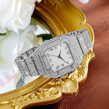 Γυναικείο ρολόι Quartz με τετράγωνο καντράν, διακοσμημένο με διαμάντια, ρωμαϊκοί δείκτες, ασημί-χρυσό