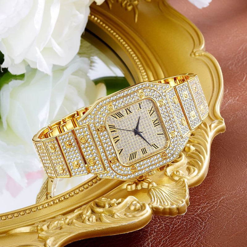 Γυναικείο ρολόι Quartz με τετράγωνο καντράν, διακοσμημένο με διαμάντια, ρωμαϊκοί δείκτες, ασημί-χρυσό
