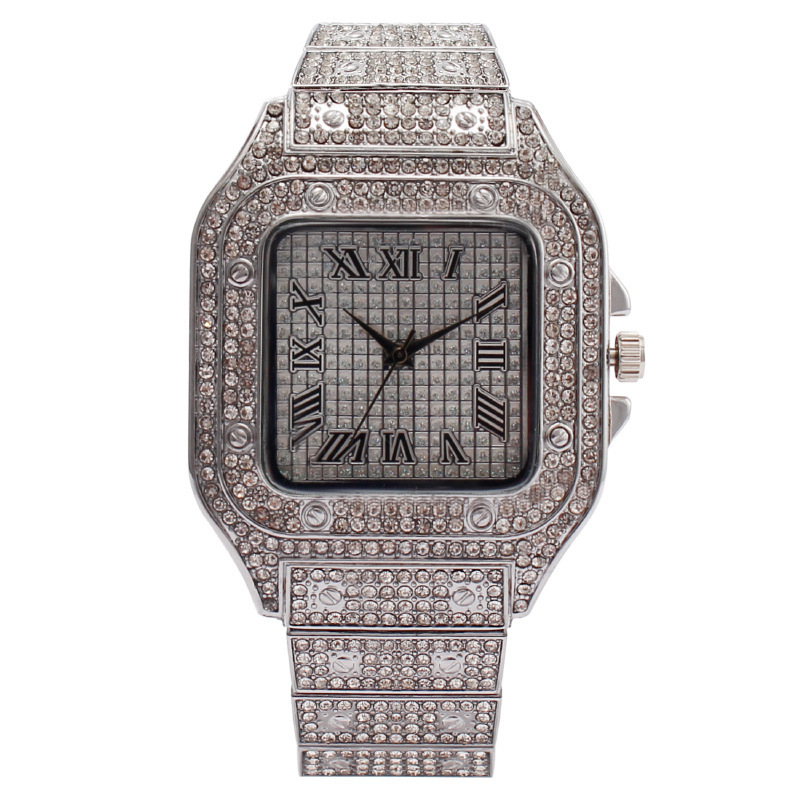 Γυναικείο ρολόι Quartz με τετράγωνο καντράν, διακοσμημένο με διαμάντια, ρωμαϊκοί δείκτες, ασημί-χρυσό