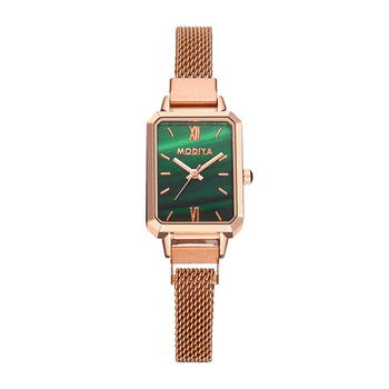 Γυναικείος ρολόι quartz με τετράγωνο καντράν σε Peacock Green, μαγνητικό πλέγμα λουρι, σε στυλ Μιλάνου