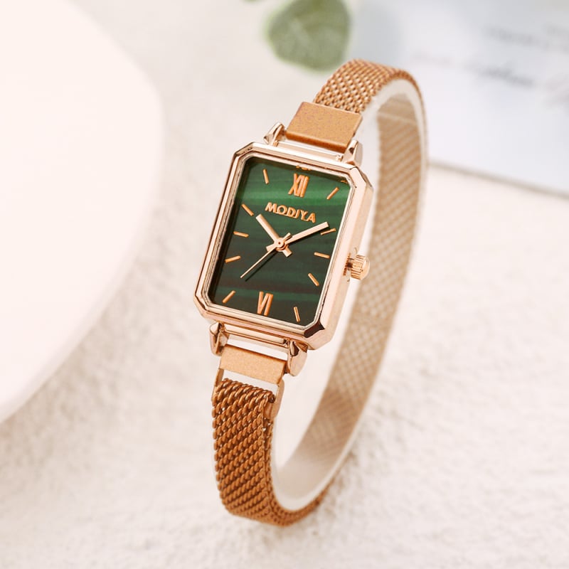 Γυναικείος ρολόι quartz με τετράγωνο καντράν σε Peacock Green, μαγνητικό πλέγμα λουρι, σε στυλ Μιλάνου