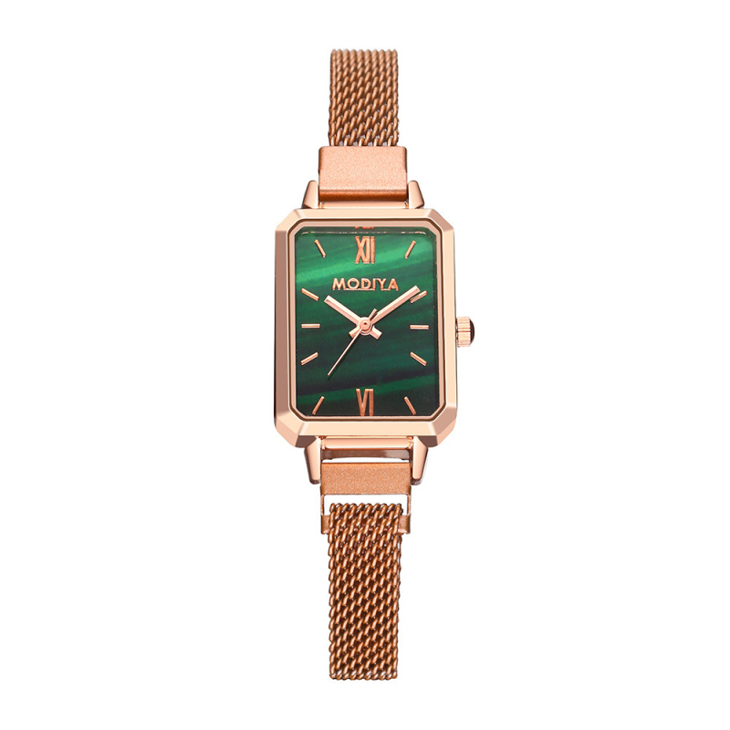 Γυναικείος ρολόι quartz με τετράγωνο καντράν σε Peacock Green, μαγνητικό πλέγμα λουρι, σε στυλ Μιλάνου