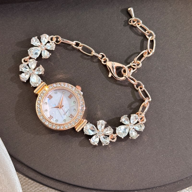 Γυναικείο ρολόι-βραχιόλι Quartz με σχέδιο λουλουδιού και σταγόνας νερού, μαργαριταρίσιο εφέ και ρυθμιζόμενη αγκράφα