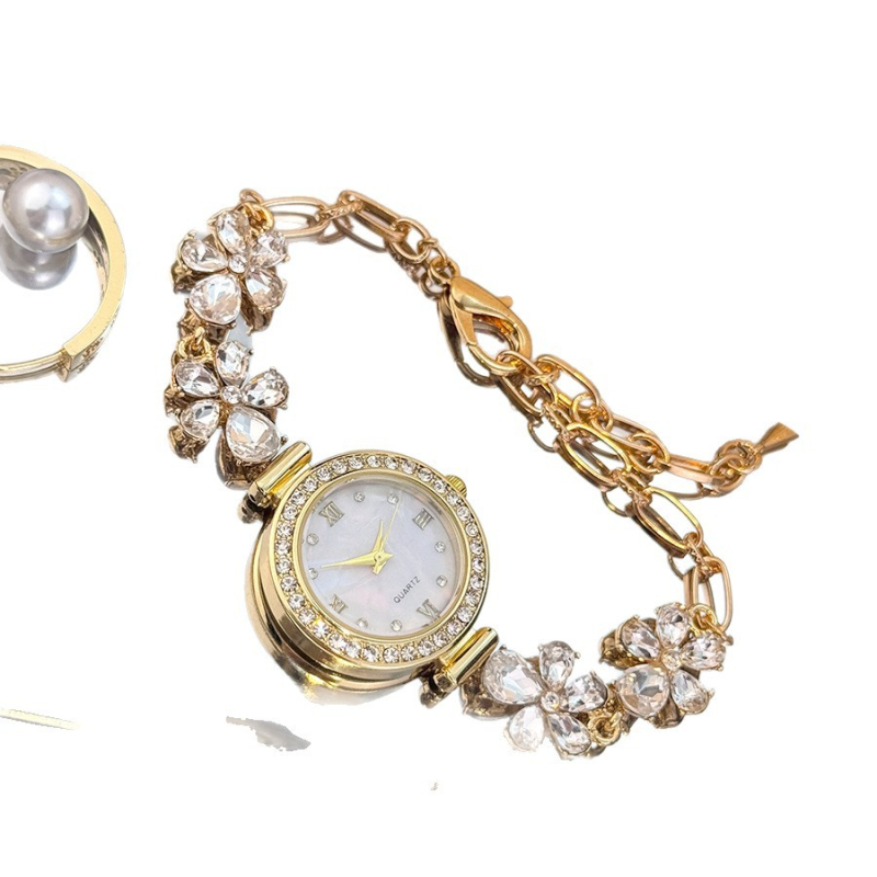 Γυναικείο ρολόι-βραχιόλι Quartz με σχέδιο λουλουδιού και σταγόνας νερού, μαργαριταρίσιο εφέ και ρυθμιζόμενη αγκράφα