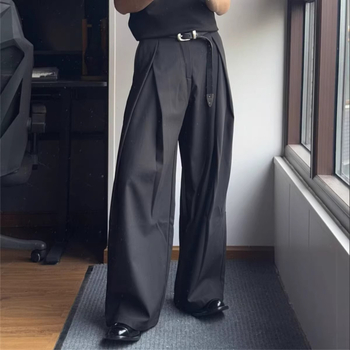 Ανδρικά καλοκαιρινά παντελόνια σε χαλαρή γραμμή με διπλές πιέτες, Α-γραμμή, λεπτομέρειες drape, μήκος έως το πάτωμα, πολυεστέρας