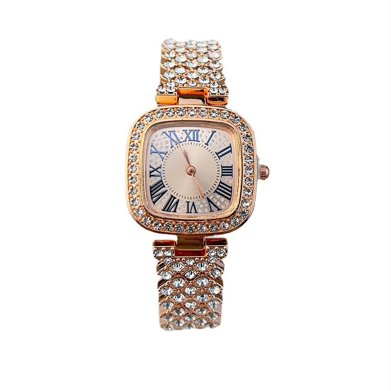 Dámske štvorcové hodinky s pavé diamantmi a náramkom, quartz, elegantný štýl