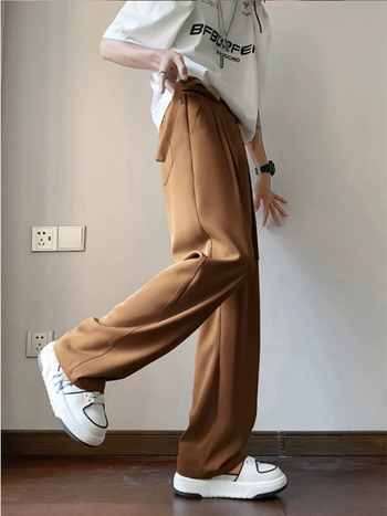 Ανδρικά μαύρα μακριά casual παντελόνια για κοστούμι, χαλαρή ευθύγραμμη σιλουέτα και ρέουσα πτώση, αίσθηση πολυτέλειας