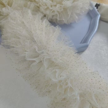 Dantelă din plasă bej, lățime 14 cm, 6 rânduri, cu puncte aurii, 3D pufoasă, decor pentru rochie de mireasă și DIY din material textil