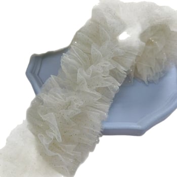 Dantelă din plasă bej, lățime 14 cm, 6 rânduri, cu puncte aurii, 3D pufoasă, decor pentru rochie de mireasă și DIY din material textil
