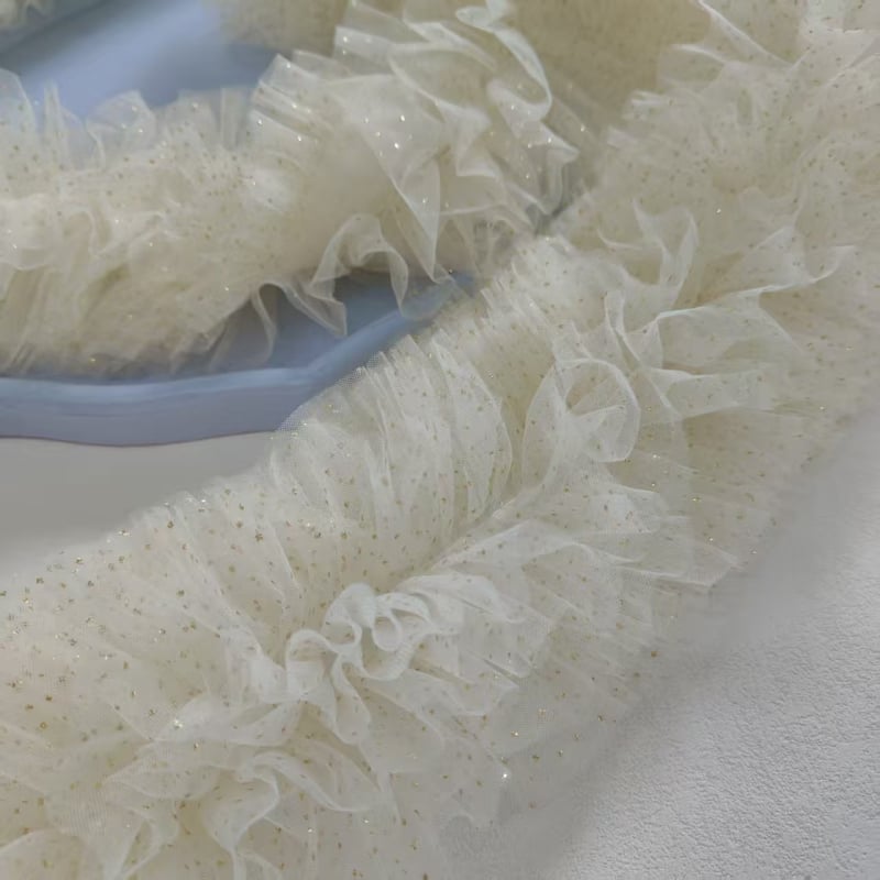 Dantelă din plasă bej, lățime 14 cm, 6 rânduri, cu puncte aurii, 3D pufoasă, decor pentru rochie de mireasă și DIY din material textil