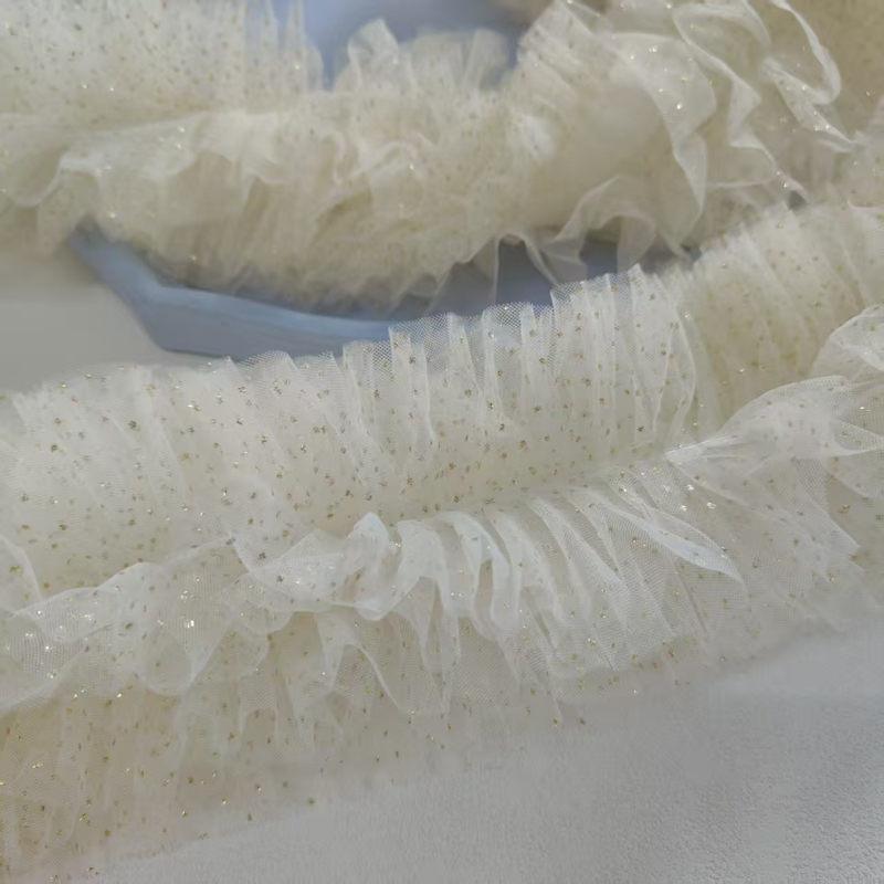 Dantelă din plasă bej, lățime 14 cm, 6 rânduri, cu puncte aurii, 3D pufoasă, decor pentru rochie de mireasă și DIY din material textil