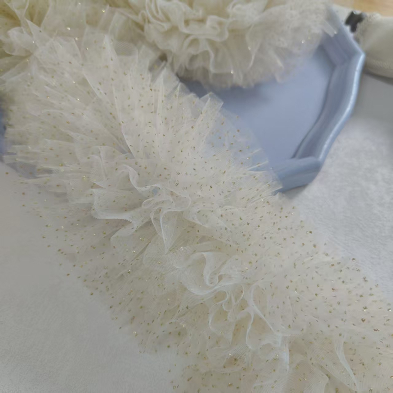 Dantelă din plasă bej, lățime 14 cm, 6 rânduri, cu puncte aurii, 3D pufoasă, decor pentru rochie de mireasă și DIY din material textil