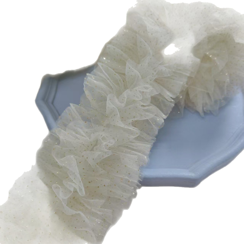 Dantelă din plasă bej, lățime 14 cm, 6 rânduri, cu puncte aurii, 3D pufoasă, decor pentru rochie de mireasă și DIY din material textil