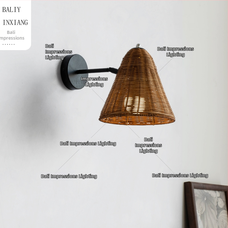 Nástenná lampa z ratanu v štýle Wabi-Sabi – retro japonský a moderný čínsky dizajn pre obývaciu izbu, spálňu a chodbu, Zen