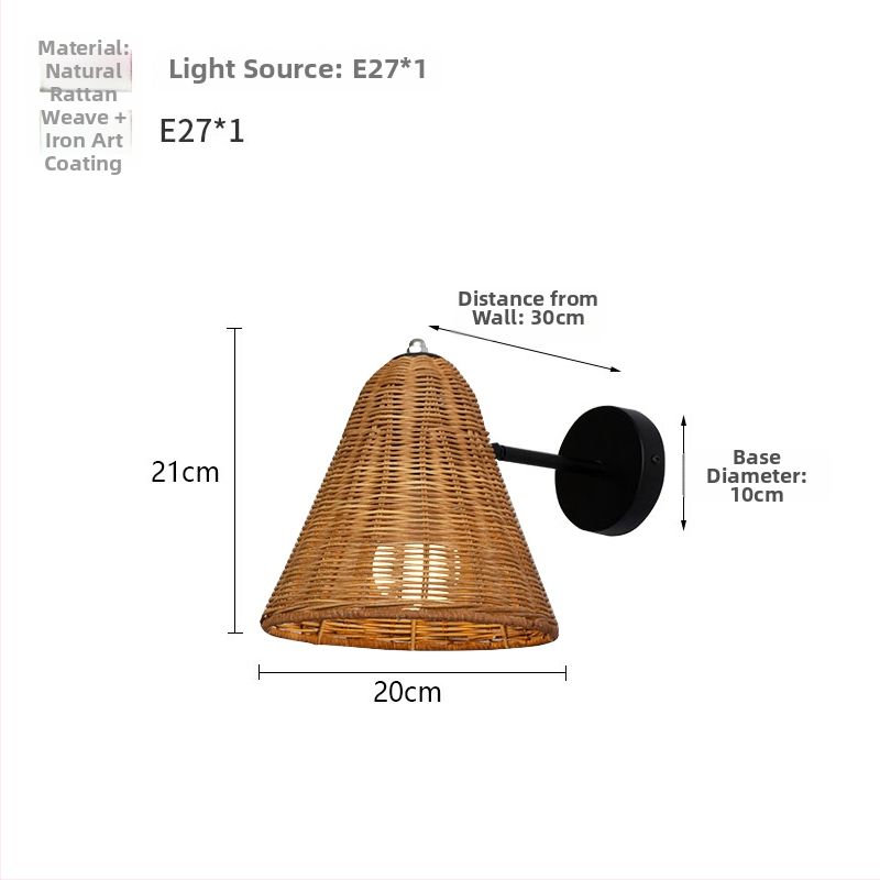 Nástenná lampa z ratanu v štýle Wabi-Sabi – retro japonský a moderný čínsky dizajn pre obývaciu izbu, spálňu a chodbu, Zen