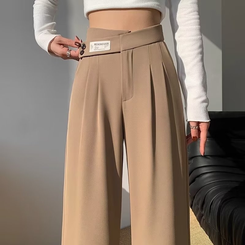 Αντρικά casual παντελόνια από ύφασμα ice silk, ίσια γραμμή με ρέουση πτώση, ελεύθερη εφαρμογή, καλοκαίρι, παντελόνια κοστουμιού υψηλής ποιότητας
