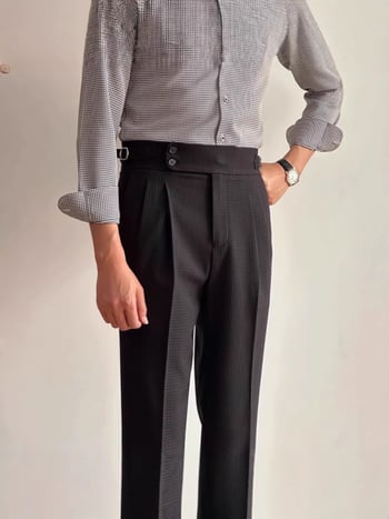 Ανδρικά casual παντελόνια με υφή βάφλας, διπλές πιέτες και αγκράφα, χωρίς σιδέρωμα, ίσια γραμμή για κοστούμι