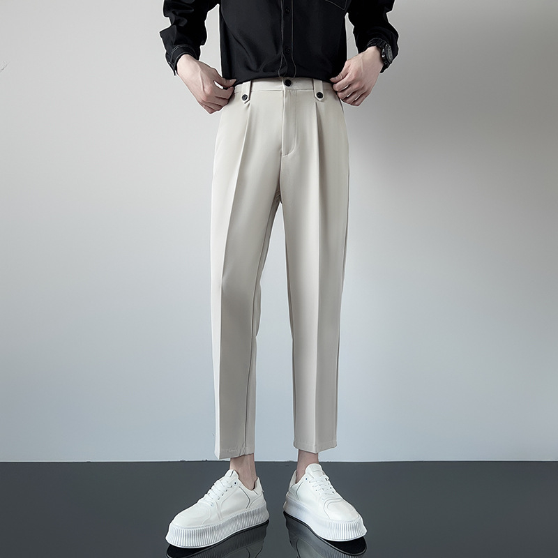 Ανδρικά παντελόνια κοστουμιού cropped μήκος, με drape, στενή γραμμή, casual ίσιο μπατζάκι