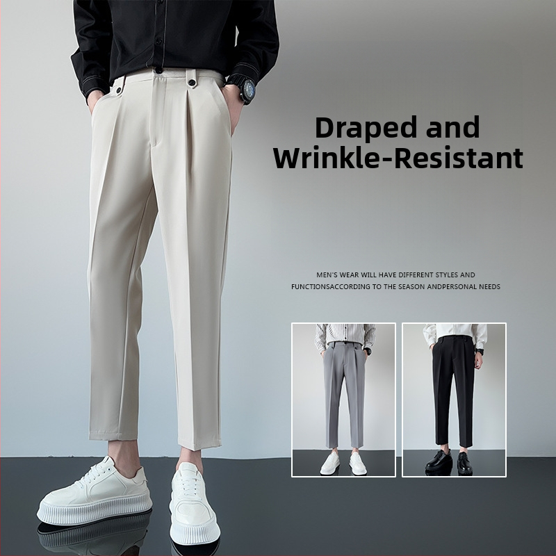 Pánske nohavice s cropped dĺžkou na oblek, s drapovaním, úzky strih, casual rovné nohavice