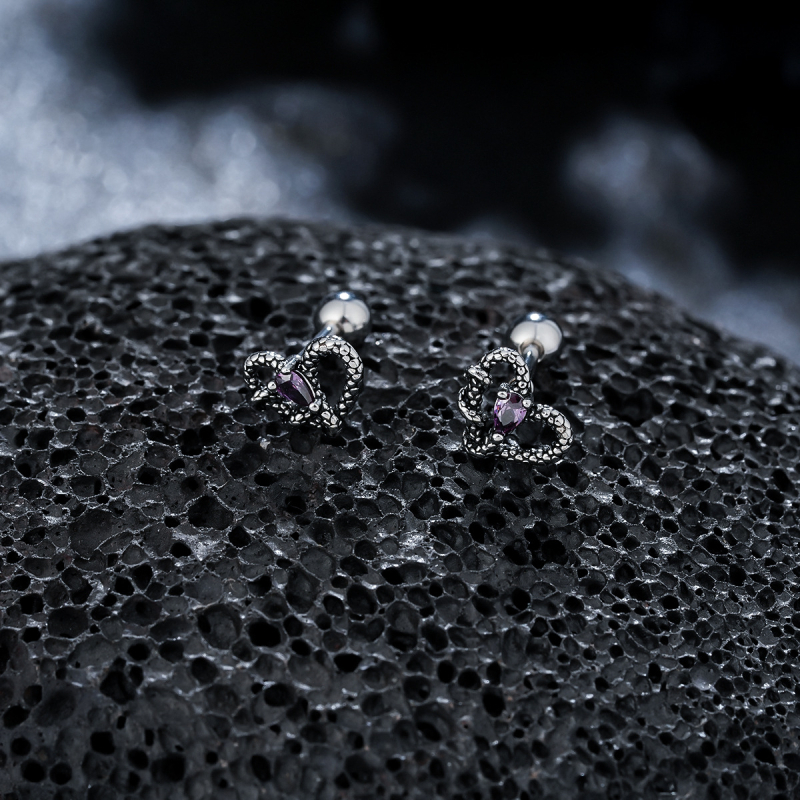 Cercei stud din oțel titan cu inimă înfășurată de șarpe, unisex, design minimalist, look premium